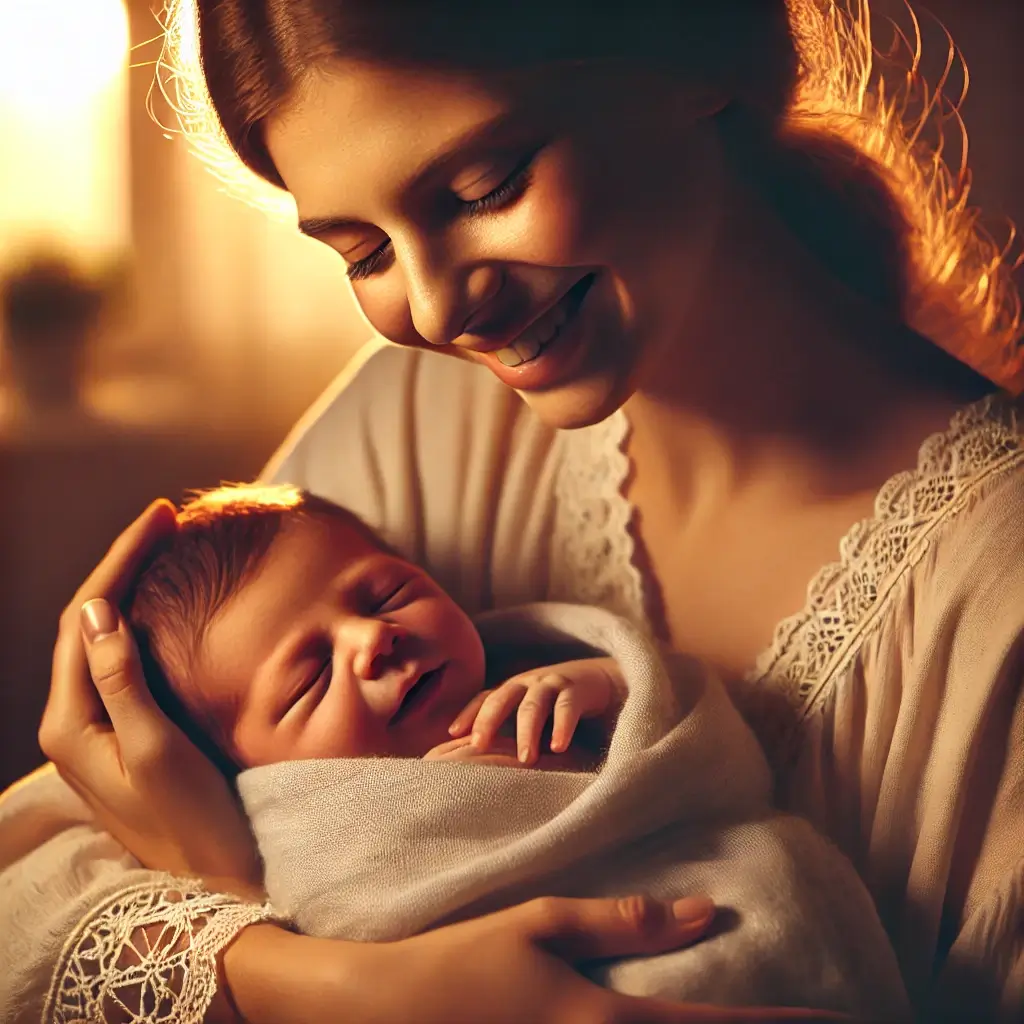DALL·E 2025-01-02 23.59.22 - A touching scene of a newborn baby being held gently by its mother in a warm, softly lit environment. The mother is smiling with tears of joy, express