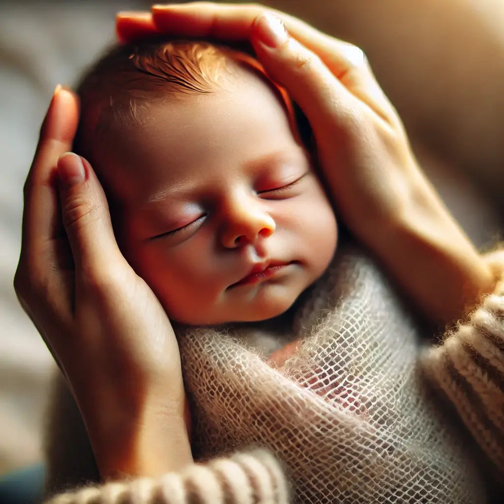 DALL·E 2025-01-03 00.00.56 - A close-up image of a newborn baby's face being held gently by its mother's hands. The baby has soft features, closed eyes, and a peaceful expression,