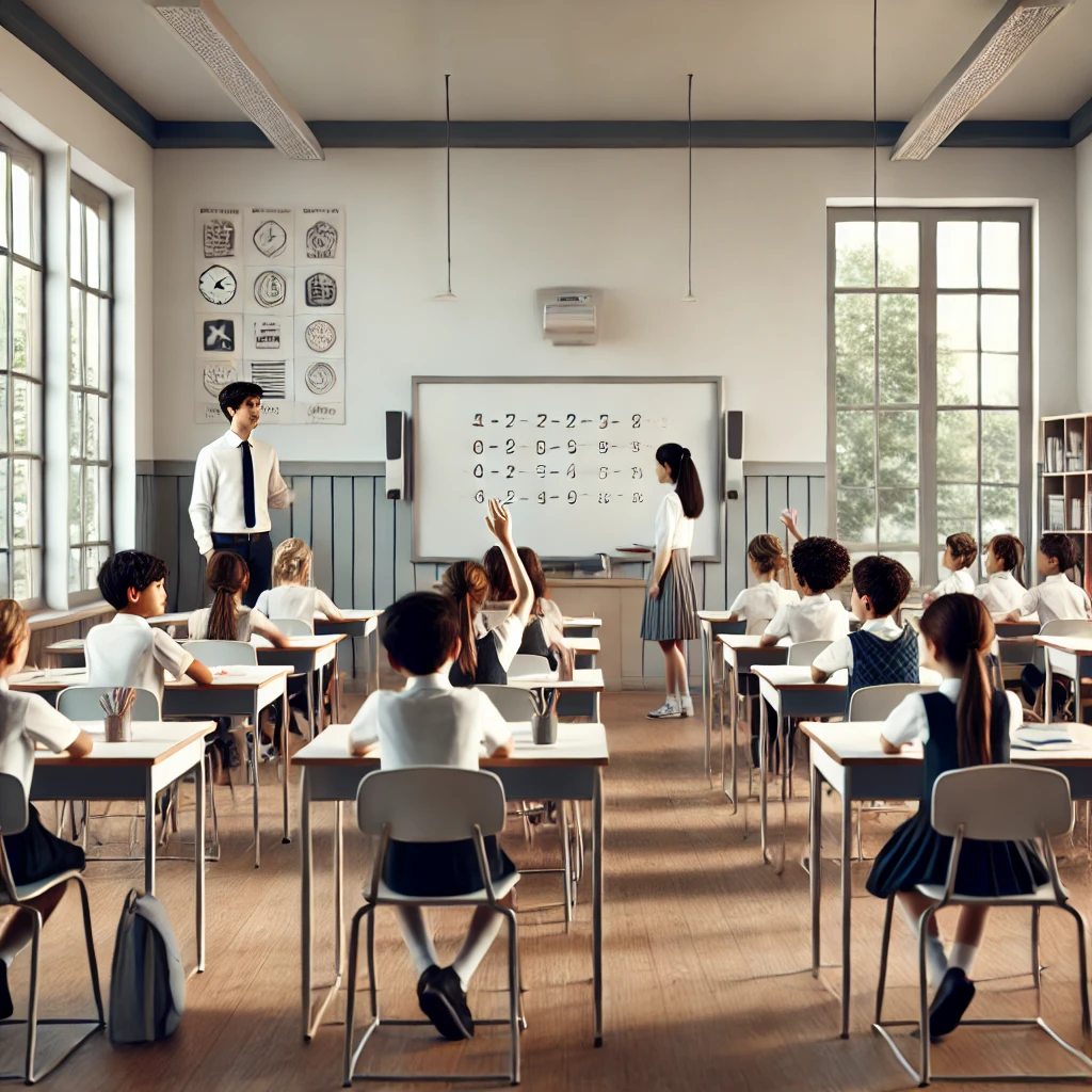 DALL·E 2025-02-10 20.46.55 - A moderately modern yet traditional school setting with well-behaved children. The classroom has clean, organized desks, a large whiteboard at the fro